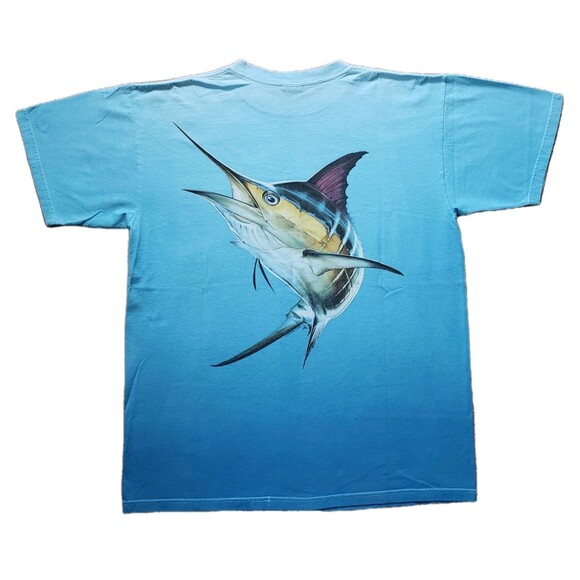 Vintage Occhio Marlin Size Large Mens 2 Tone Blue Double Side Pocket T-Shirt - Picture 1 of 8